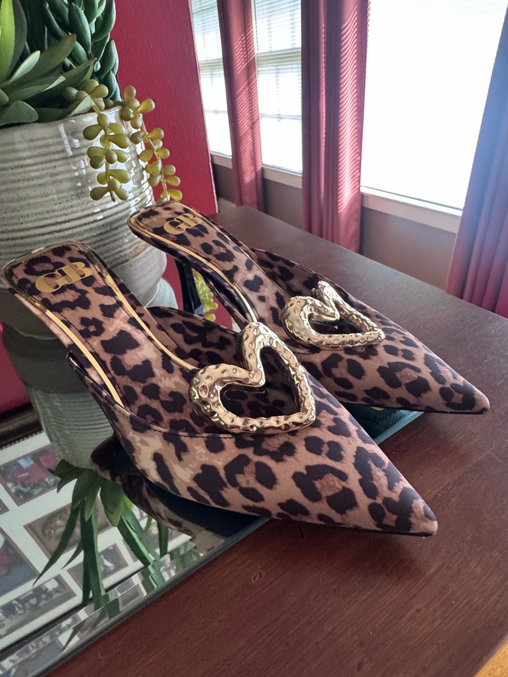 GB Heart-Eyes Leopard Print Satin Heart Ornament Dress Mules